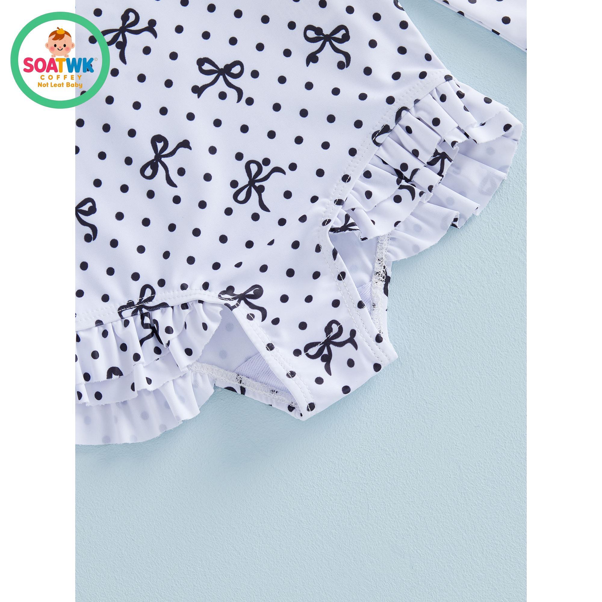 Toddler Girls Swimsuit, Bow Dots Print Long Sleeve Bikini with Hat Swimwear for Summer Bathing