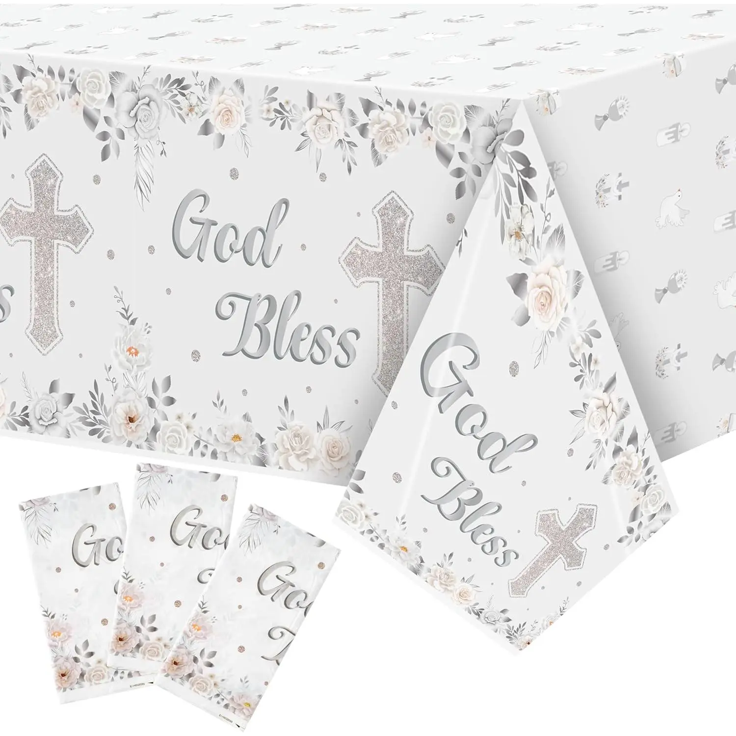 3Pack White Gold Baptism Party Plastic Waterproof Table Cover| God Bless Baptism Tablecloths Silver Color Flower Cross Dosposable Rectangle God Bless First Communion