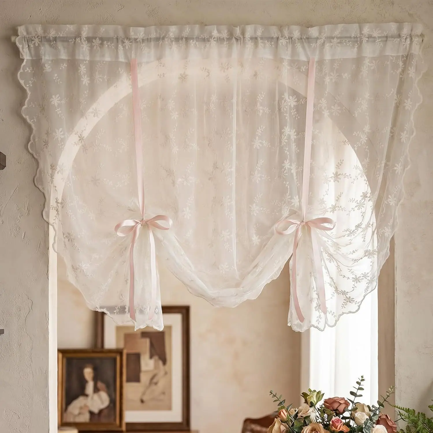 1pc French Lace Sheer Curtain, Bedroom Door Curtain, Arched Window Drapery, Vintage Embroidered Half Curtain, Cream Style Privacy Curtain