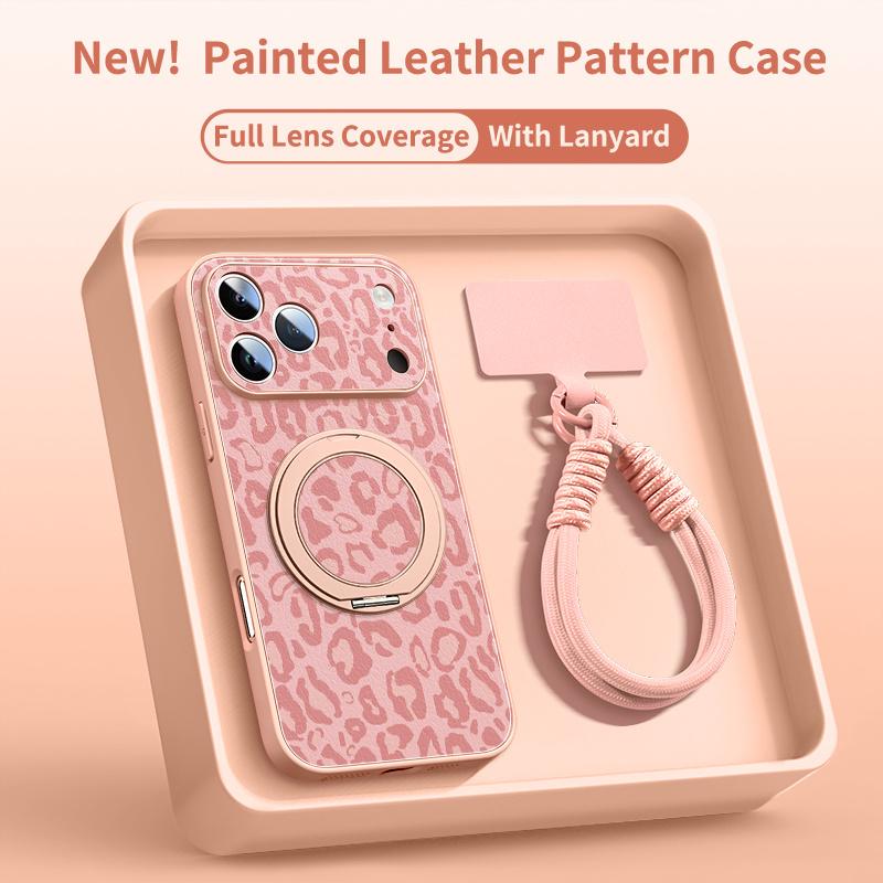 Phone Case - Leopard Pattern Phone Case for Iphone 17 Pro Max Faux Leather Pattern Phone Case 13 Equipped with a Rotating Bracket for Iphone 14  15Pro with Lanyard 17 iphone 12 Custom Monogram Striped Pink wildflower junk lurvia tripod 360 rotation