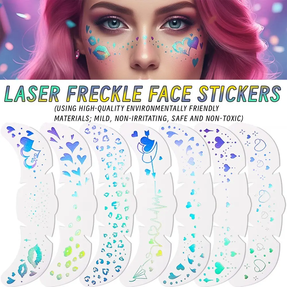 7 Sheets Glitter Freckles Holographic Stickers, Heart Freckle Tattoos, Waterproof Temporary Tattoos with Glittery Star Heart Dot Pattern, Freckle Spot Tattoo for Adults, Accessories for Party Festival Daily Makeup