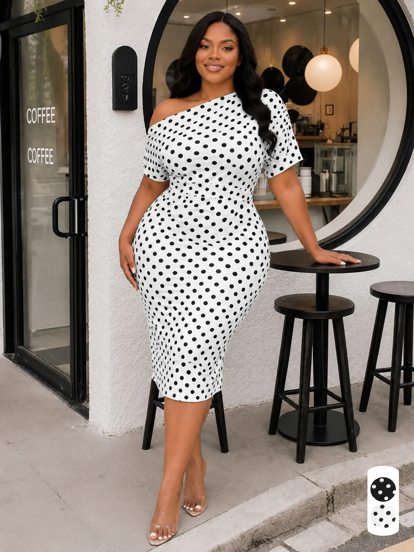 Women’s Plus Size Polka Dot One Shoulder Bodycon Midi Dress, Short Sleeve Ruched Waist Elegant Sexy Party Dress