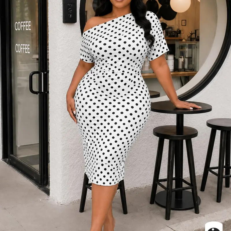 Women's Plus Size Polka Dot One Shoulder Bodycon Midi Dress, Short Sleeve Ruched High Waist Elegant Sexy Party Dress, Asymmetric Dress