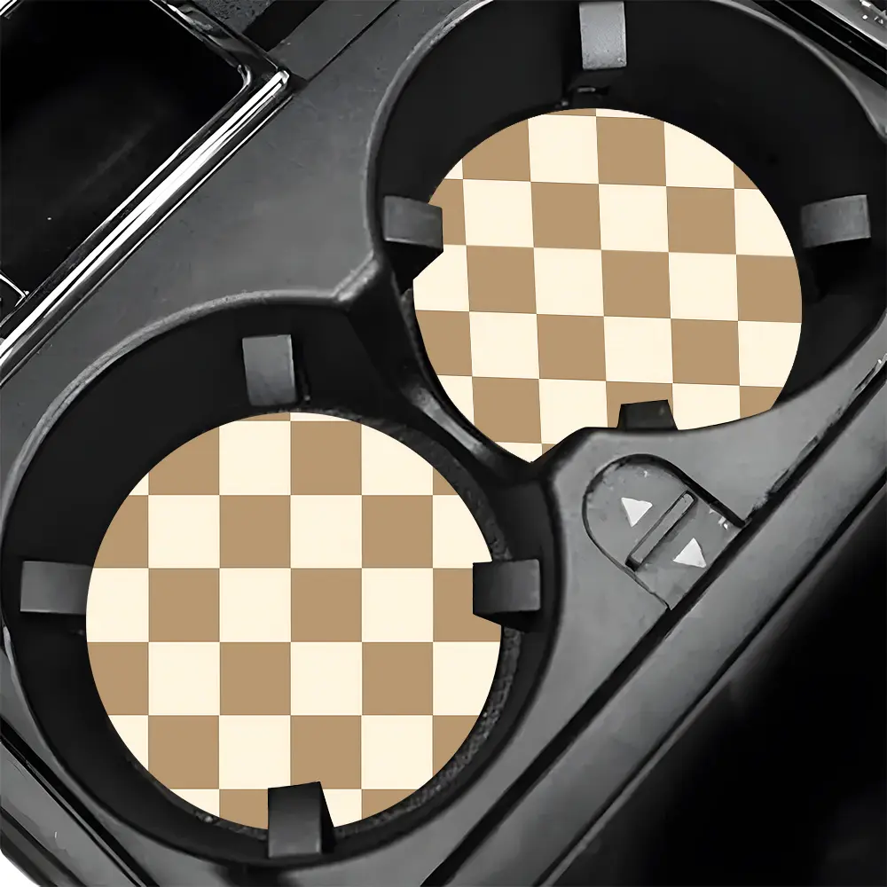 Set of 2 Brown Checkered Coasters for Car Cup Holders - Made of Absorbent Rubber, Designed to Fit, Non-Slip, And Durable Interior Additions for Vehicles, Perfect for Cup Holders