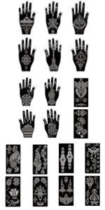 XMASIR 16 Sheets Temporary Henna Tattoo Kit, Reusable Tattoo Stencils Sets Indian Arabian Temporary Tattoo Templates Kit for Body Hand Art
