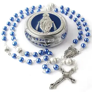 Bohemian Vintage Blue Glass Prayer Bead Pendant with A Jesus Cross, Exquisite Metal Gift Box Decoration - Suitable for Daily Wear, Festive Occasions and Parties, Spiritual Gift,  Believers and Collectors' Choice Jew Lery   Virgin Mary Center Piece