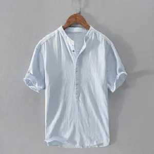 Men's solid color simple cotton and linen short-sleeved shirt casual T-shirt loose fashion summer