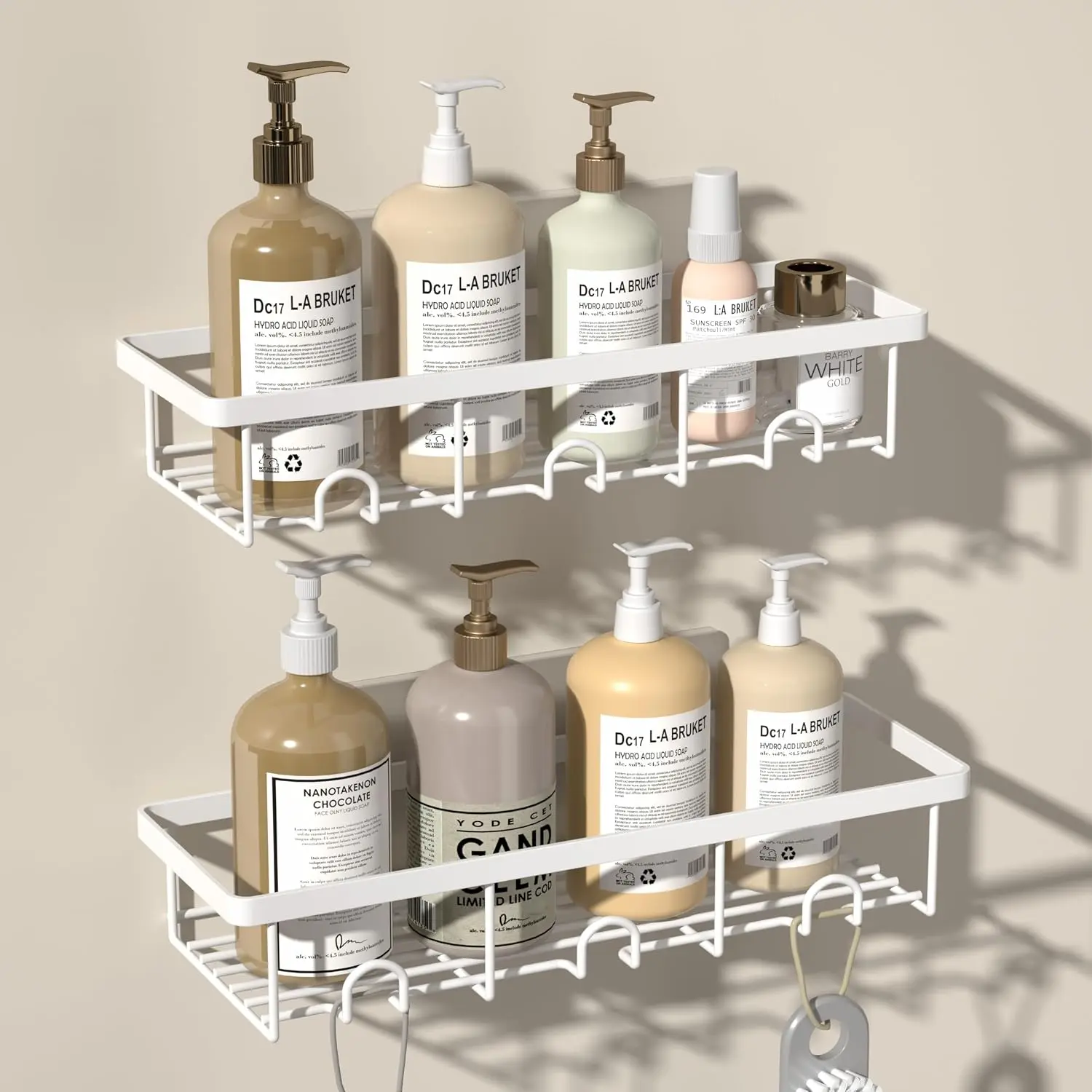 Adhesive Small Wall Shower  Shelves for Inside Shower with Hooks | 2 Pack Shower Organizer Basket Rack, Shampoo Holder for Dorm Apartment RV Camper, Bathroom Storage and Organization, White