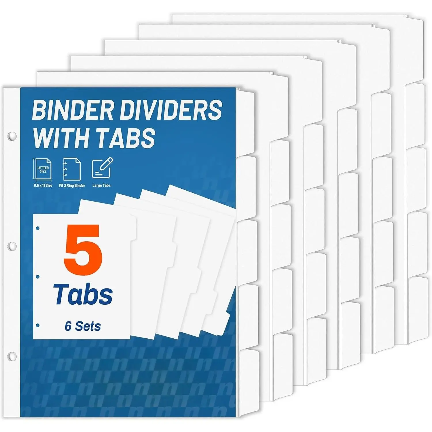 Binder Dividers with Tabs for 3 Ring Binder, 8.5 x 11 Paper White Binder Dividers Blank with 5 Tabs, 6 Sets Page Dividers for School, Office and , 30 Dividers