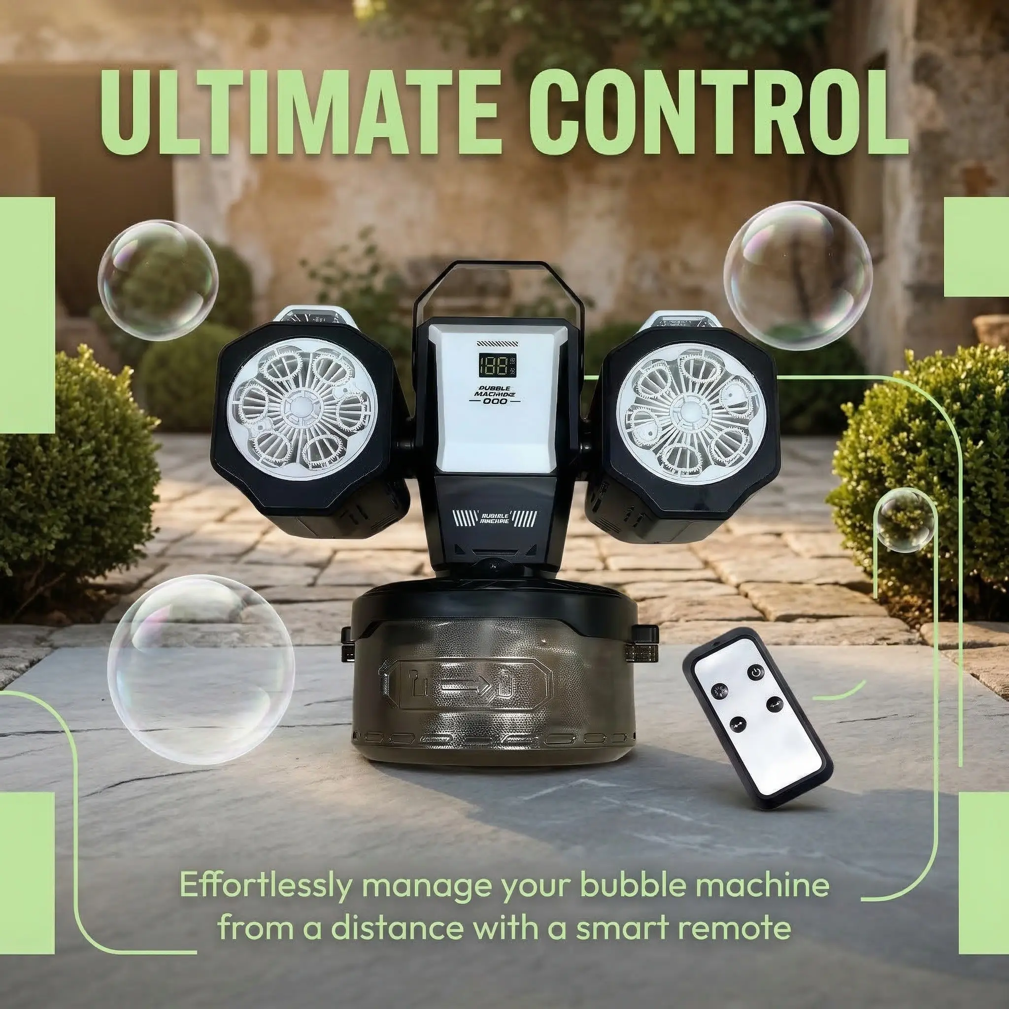 Double-Head Remote Control Bubble Machine, Rechargeable RGB Atmosphere Light, 360° Auto Rotation, Perfect for Parties and Events, Party Bubble Machine