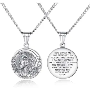 Verse  Necklace for Mens with 21.6" Chain Christian  Stainless Steel Personality Prayer English Engraved Circle Disc Medal Pendant