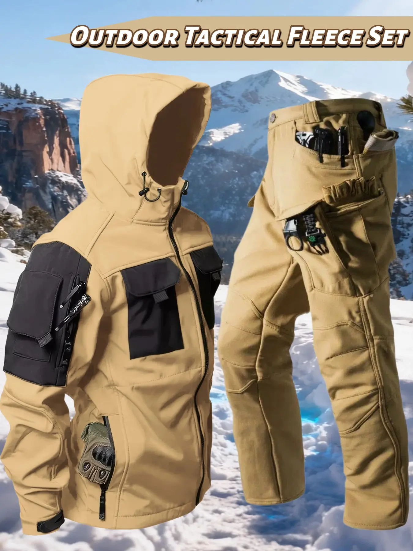 Men's Winter Fleece-Lined Tactical 2-Piece Set, Shark-Skin Water-Resistant Windproof Warm Jacket With Adjustable Hood & Velcro Cuffs, Cargo Pants With Stretch Knees & Multi Pockets, Cold-Weather Matching Outfit For Hiking, Hunting, Construction & Daily Co