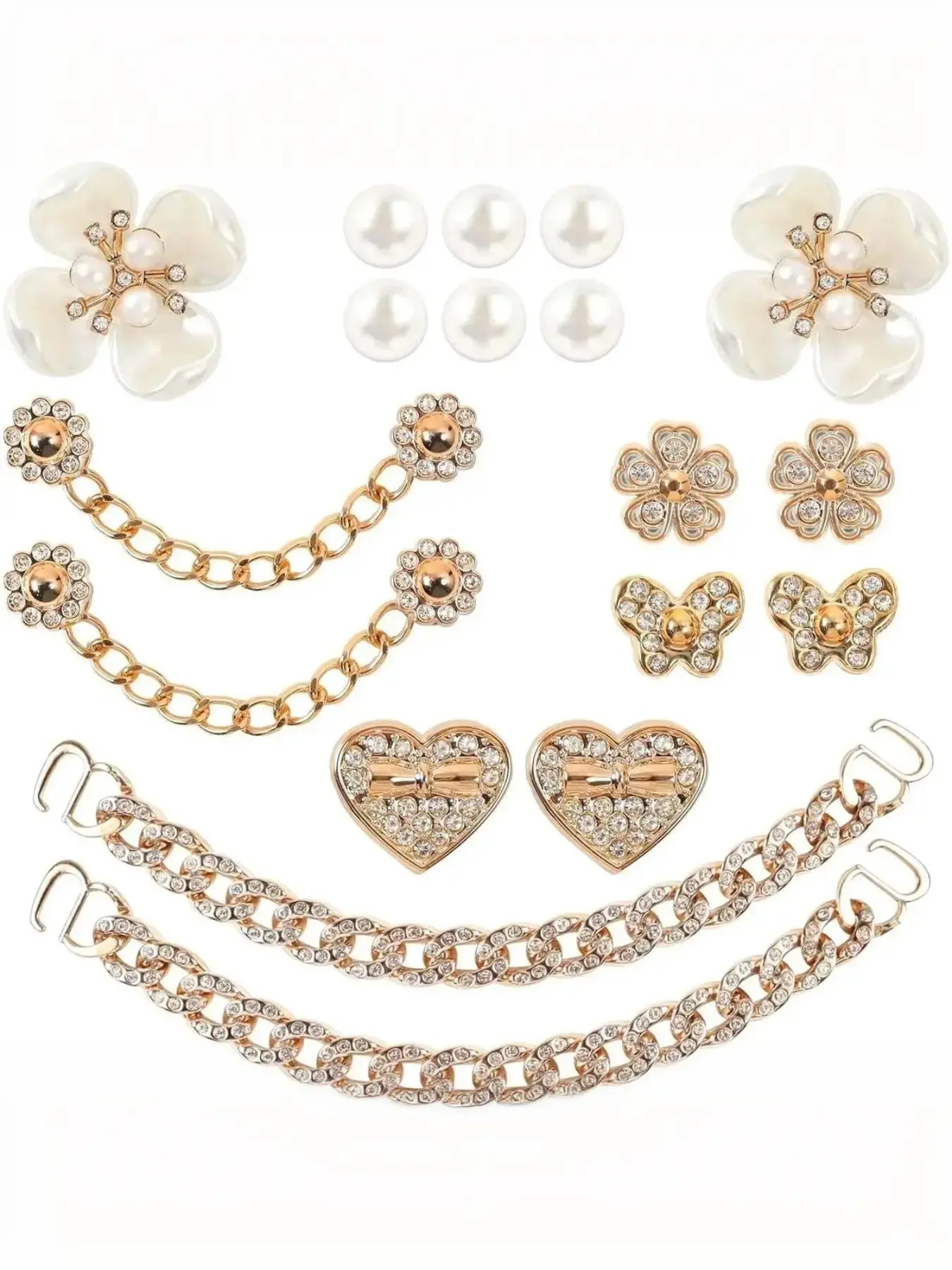 ABS Rhinestone Pearl Croc Charms Kit, Sparkly Heart Butterfly Floral Detachable Shoe Clips, Metal Chain Decor for Crocs Clogs Sandals, Elegant DIY Footwear Accessories, Multi-Functional Brooch Pins for Bridal Party Daily Jewelry Gift