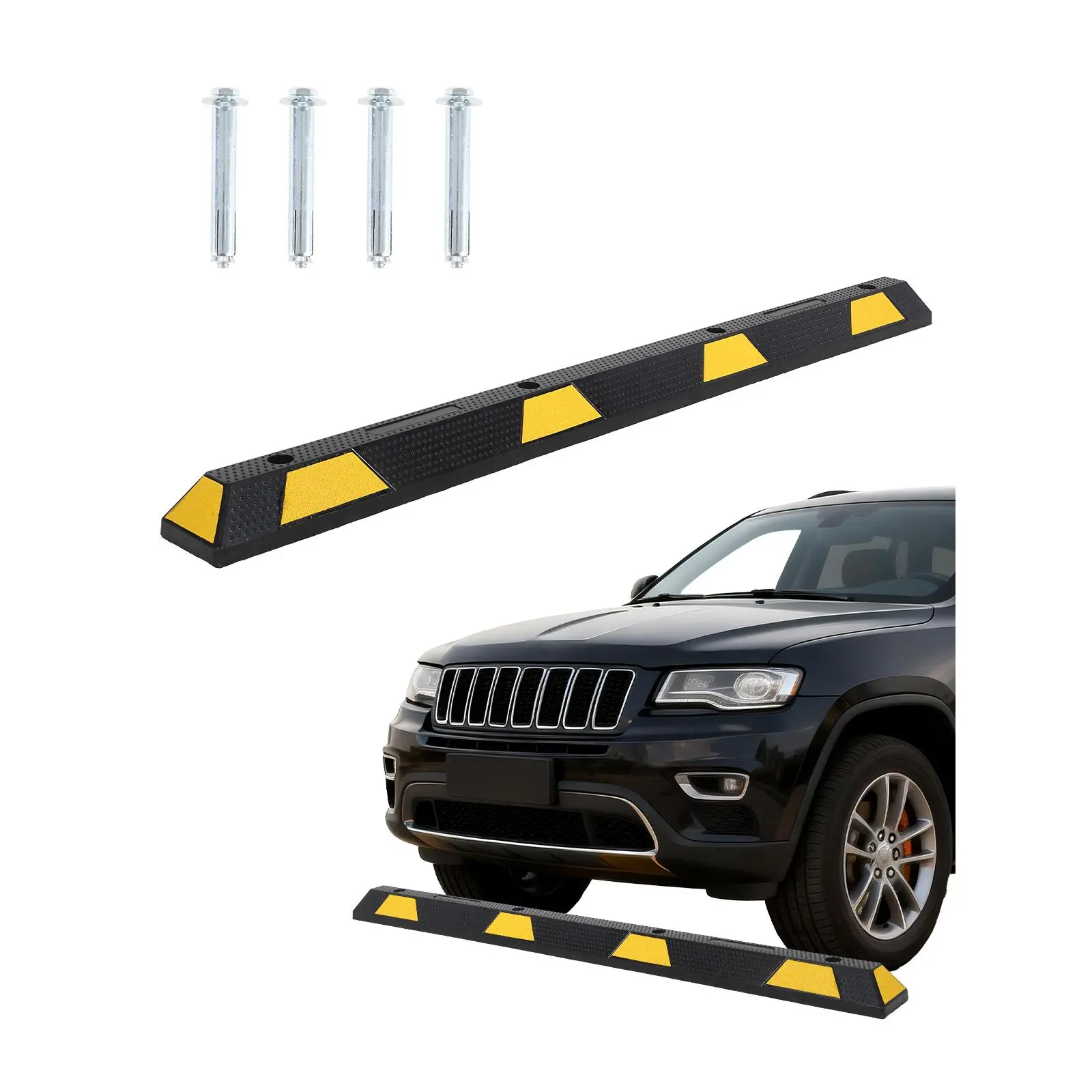 Heavy Duty 72 Inch Trapezoid Rubber Parking Curb, 55000 LBS Load Capacity 6FT Wheel Stopper with Reflective Stripes, Easy Install Parking Block for Garage, Driveway & Commercial Lots, 1 Piece