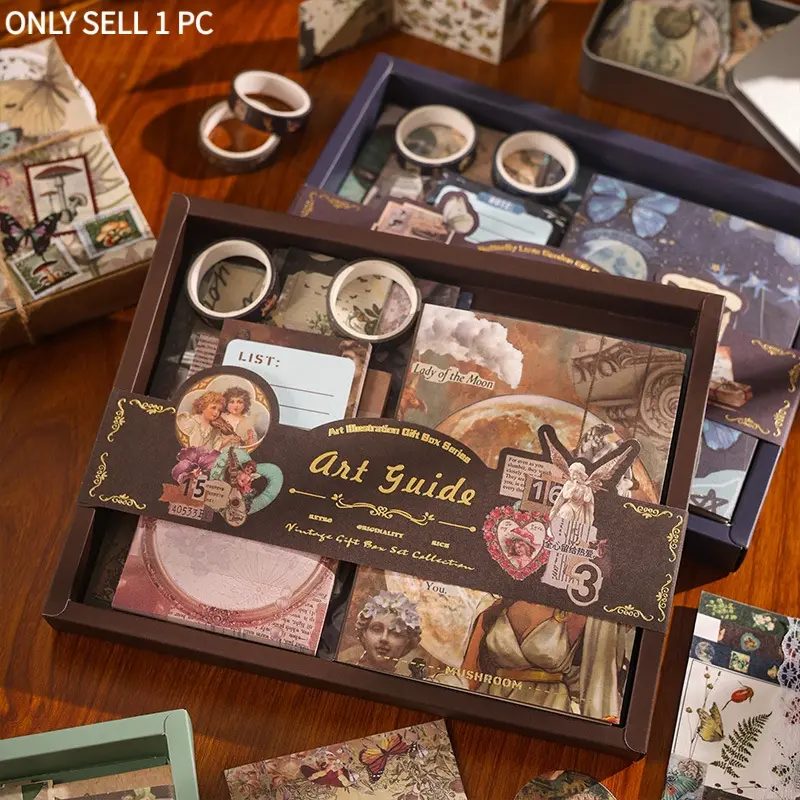 Retro Scrapbook Gift Box - Vintage Stationery Set (Tape/Stickers/Postcards) | Birthday Favor, Class Return Gift, Graduation Party Souvenir