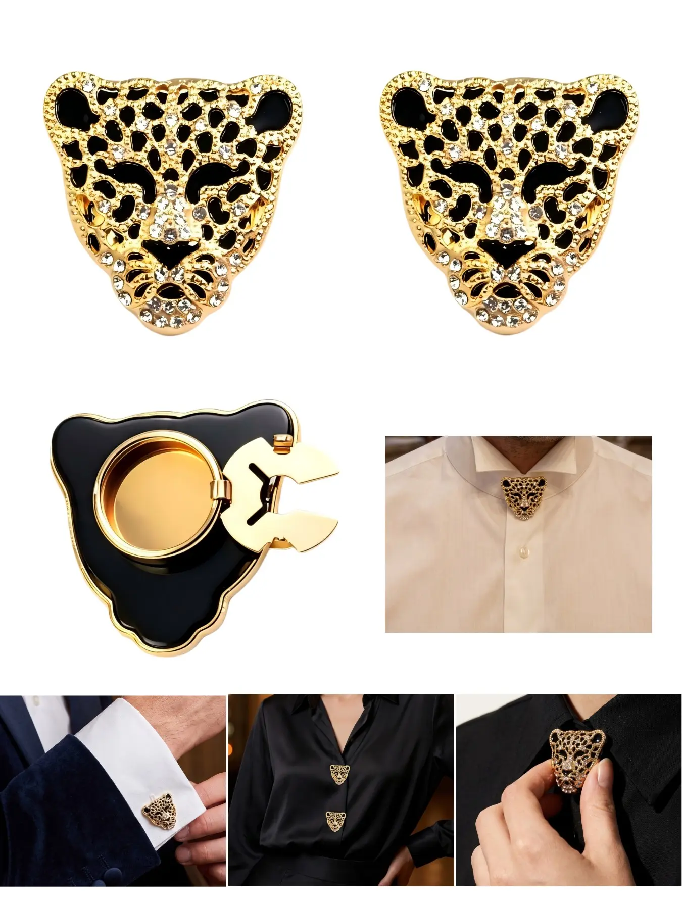 2PCS Leopard Head Shape Button Covers, Rhinestone Animal Shirt Button Covers, Clip-On Detachable Reusable Cuff Accessories, DIY Clothing Decorations for Women Men, Shirts, Dresses, Pants and Skirts