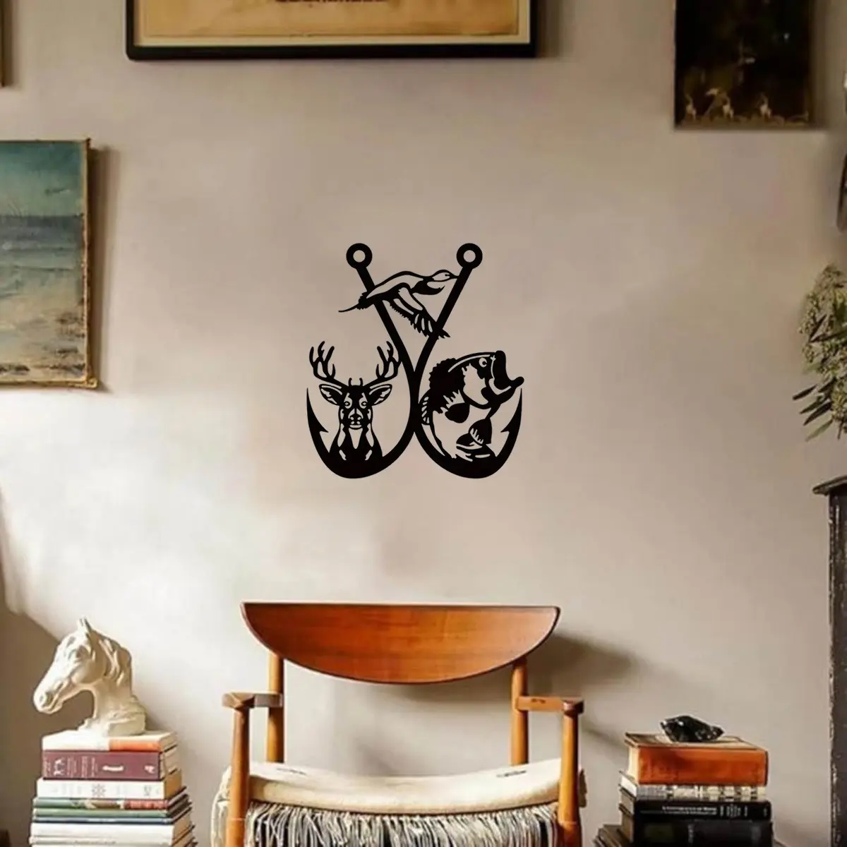 Ohrmbya Rustic Hunter Metal Wall Art, Vintage Wall Art, Aesthetic Wall Decor, Decorative Artwork, Artwork, Deer & Fish Hook Sculpture, No Power Needed, Ideal for Living Room Bedroom Bathroom Western Home Decor