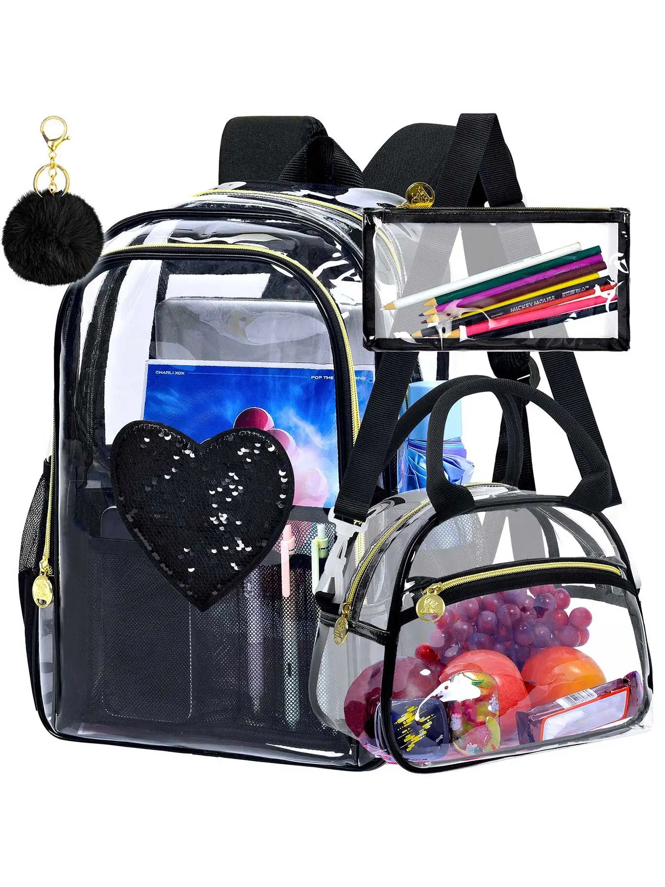 Girl's black transparent backpack set - reversible sequined see-through schoolbag with golden zipper, heavy-duty 17-inch transparent student backpack and storage bag Clear Backpack