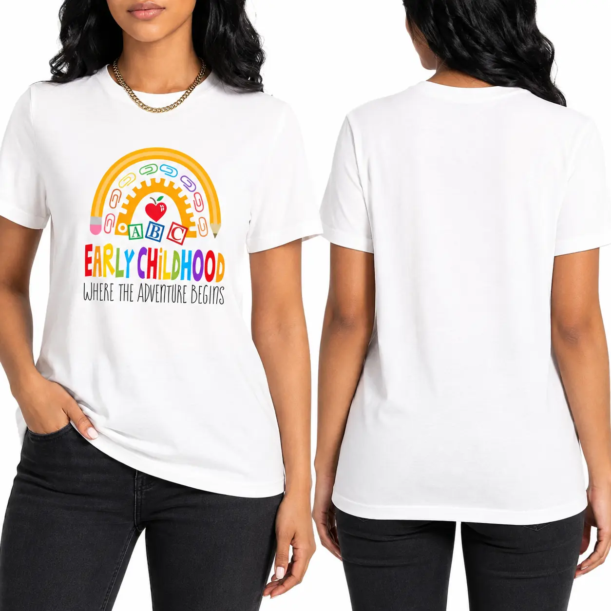 Women's 100% Cotton Lightweight Short Sleeve Graphic Tee - Colorful Rainbow ABC 123 Print for Daycare Early Educators