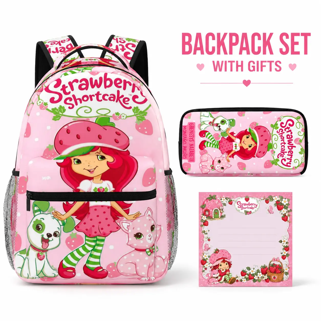 Kawaii Pink Cartoon Print Strawberry Shortcake Student Backpack Set for Girls - Includes Bookbag, 1 Pencil Box, 1 Notebook - Kids' School Use Bag Accessories for Elementary Middle School 2026