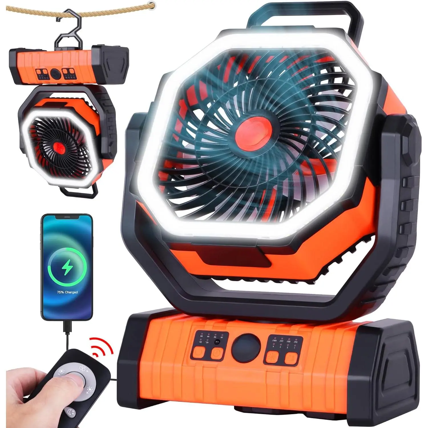 20000mAh Emergency Battery Powered Fan & LED Light, Battery Operated Rechargeable Fan for Power Outage, Car Defrosting, Indoor Use with 360° Oscillating & Hook, 8H Timer, Portable Camping Fan