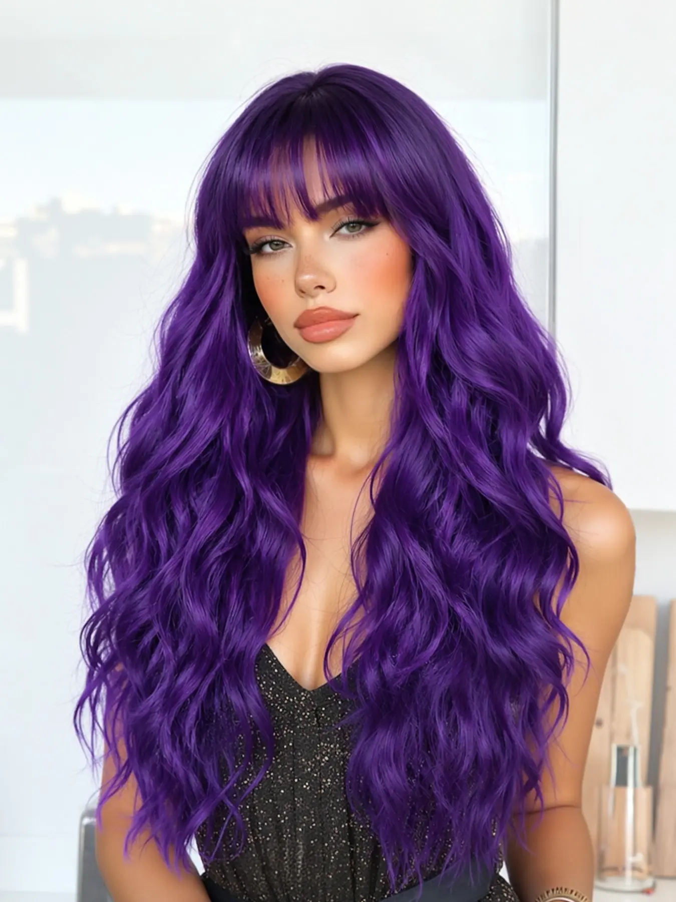 Purple Wig with Bangs Long Purple Wavy Wigs for Women 26 Inch Dark Purple Wigs Natural Looking Heat Resistant Synthetic Wig for Daily Party Halloween Use