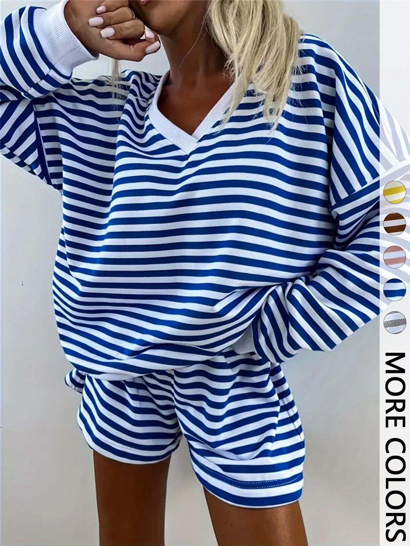 Women's Striped Print Long Sleeve Tee & High Waist Shorts Two-piece Set, Casual Round Neck Top & Shorts for Spring & Fall, Women's Clothes for Daily Wear
