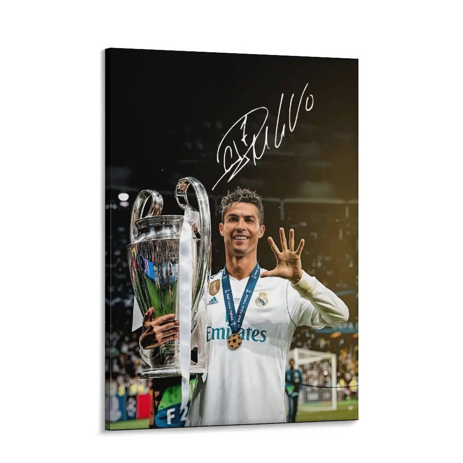 Cristiano Ronaldo & Champions League Trophy Scene 5 Signed Framed Canvas Wall Art - Minimalist Hanging Artwork for Soccer Fans Home Decor