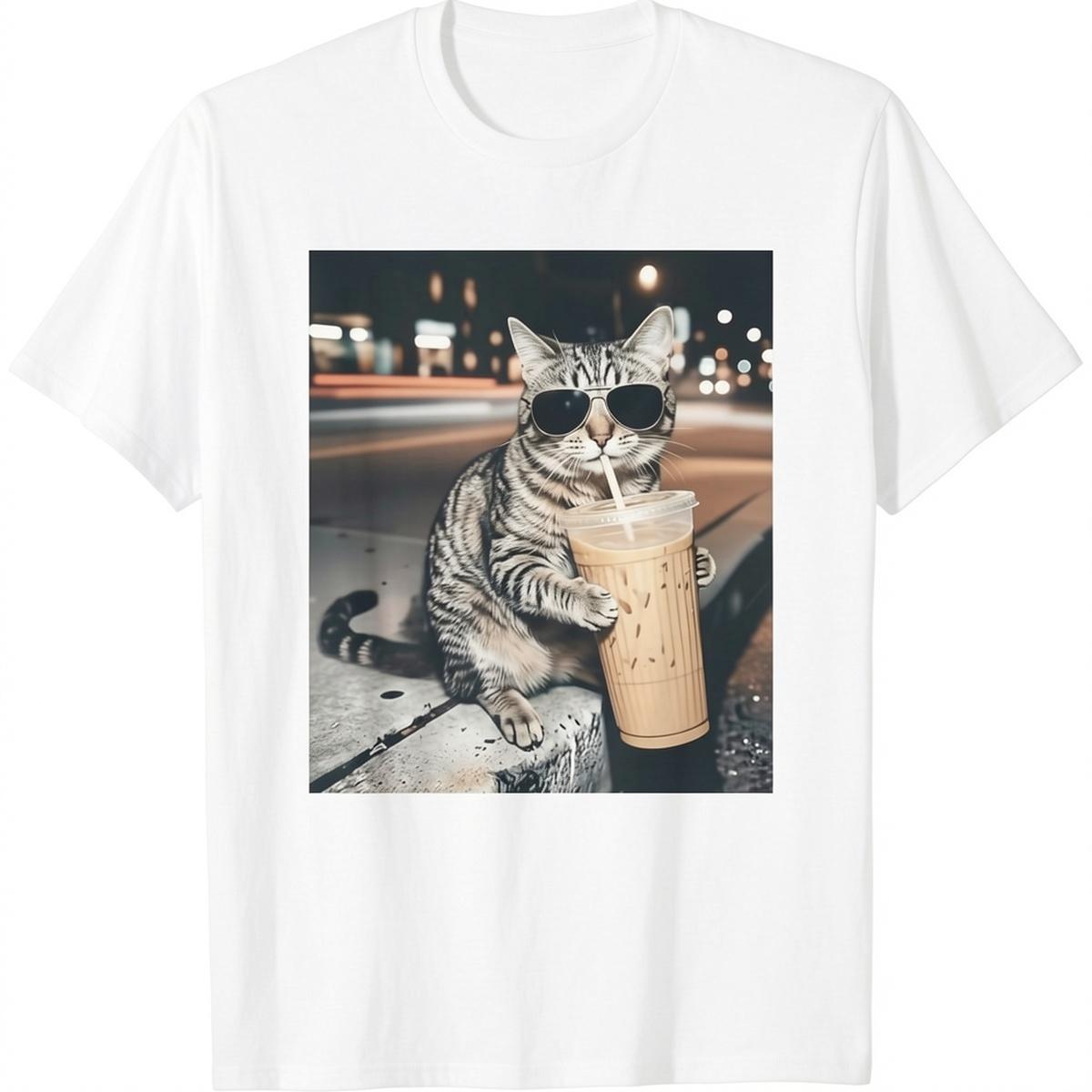 Men's cat drinking iced coffee Graphic T-Shirt - Short Sleeve Crew Neck Regular Fit Casual Wear |   Soft & Breathable Fabric, Durable Print, Everyday Comfort, Machine Washable