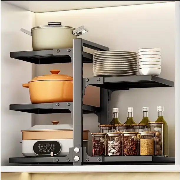 Adjustable Under Sink Pot Organizer Rack, Dual Side Multi-layer Cabinet Cookware Storage Shelf, Detachable Pan Lid Holder, Space Saving Kitchen Cabinet Storage Rack for Kitchen Sink Cabinet Hollow Metal