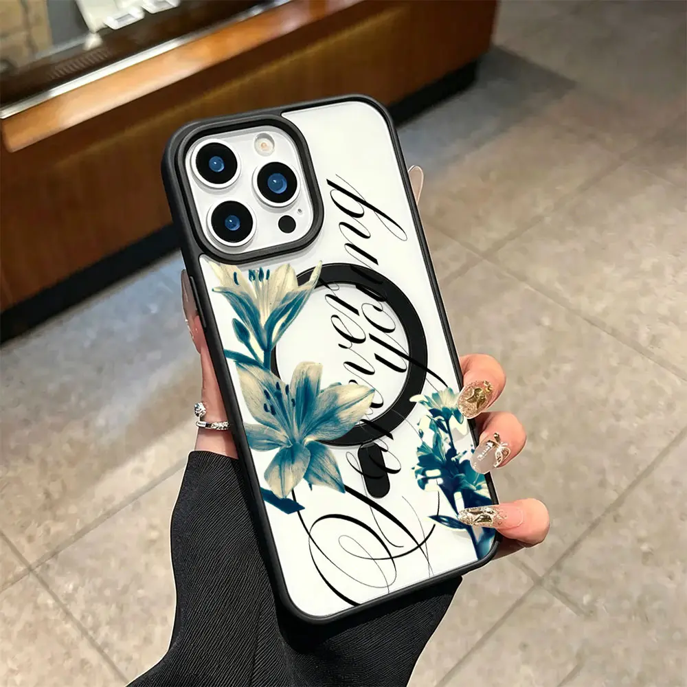 Sheer Delicate Pink Lily Stem Foliage Phone Case, Soft Airy Realistic Transparent Floral Style for iPhone 17 16 15 14 13 12 11 Plus Pro Max, Graceful Minimal Botanical Present