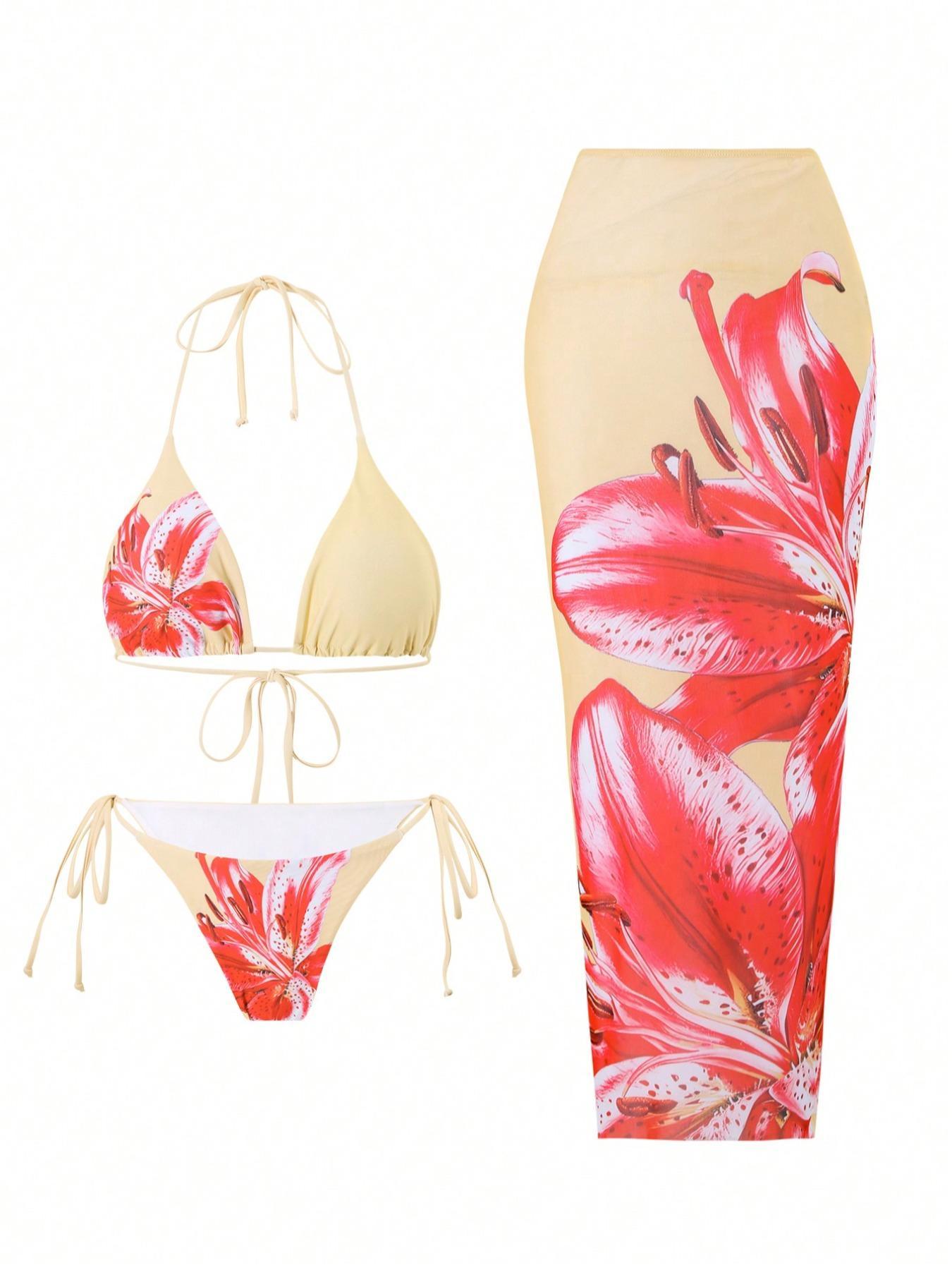Women's Floral Print Halter Bikini Set, Tie Back Swim Bra & Tie Side Swim Panty & Cover Up Skirt Set, Swimming Swimwear Set for Beach Holiday Vacation, Y2k Bathing Suit, Floral Print Swimsuits, Summer Swimsuit Set