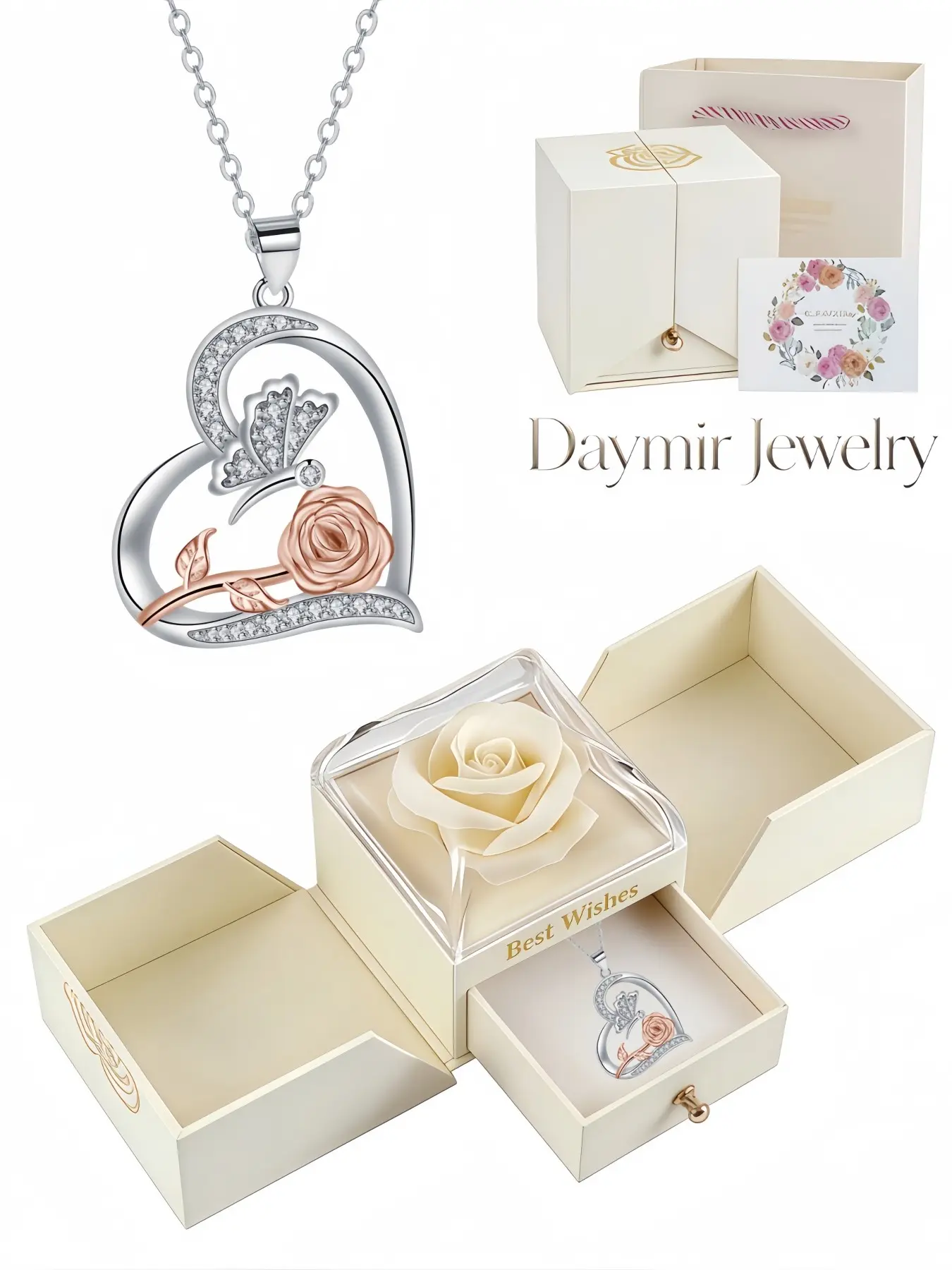 Original stylish heart‑rose minimalist luxury gem necklace. Paired with surprise double‑opening preserved‑rose jewelry box, ideal gift for wife, Mother’s Day, Valentine’s Day and Christmas.
