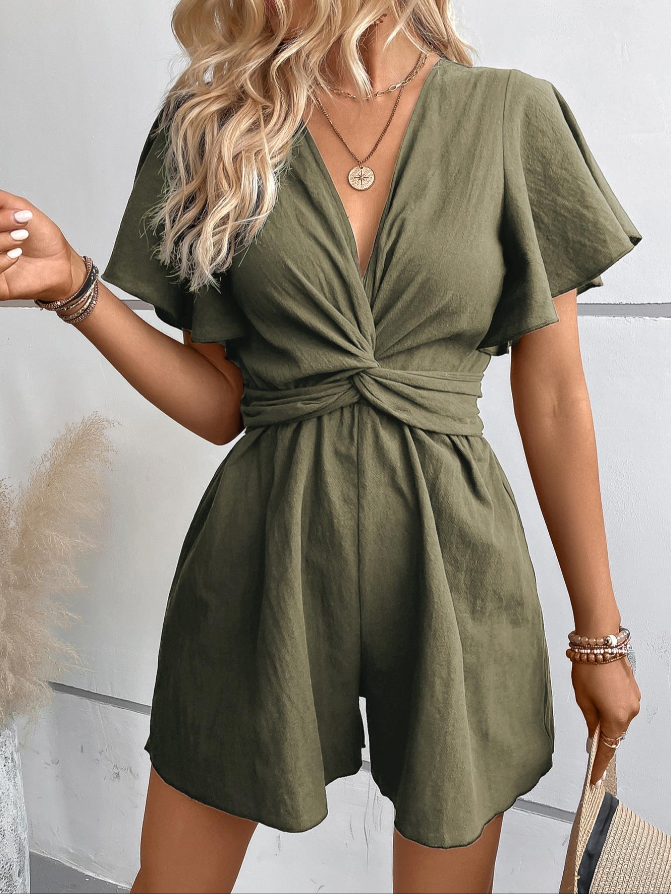 Women's Twist Butterfly Sleeve Romper, Casual Chic V Neck High Waist Wide Leg Jumpsuit, Ladies Summer Clothes for Daily Wear Womenswear Vneck