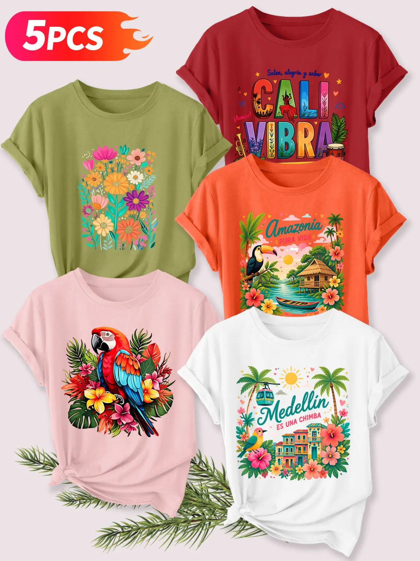 5Pcs Women Crew Neck T-Shirt, Vibrant South American Tropical City Illustration Prints, Multi-color Washable Spring Summer Top, Soft Skin-friendly Fabric Daily Versatile Fashion Design