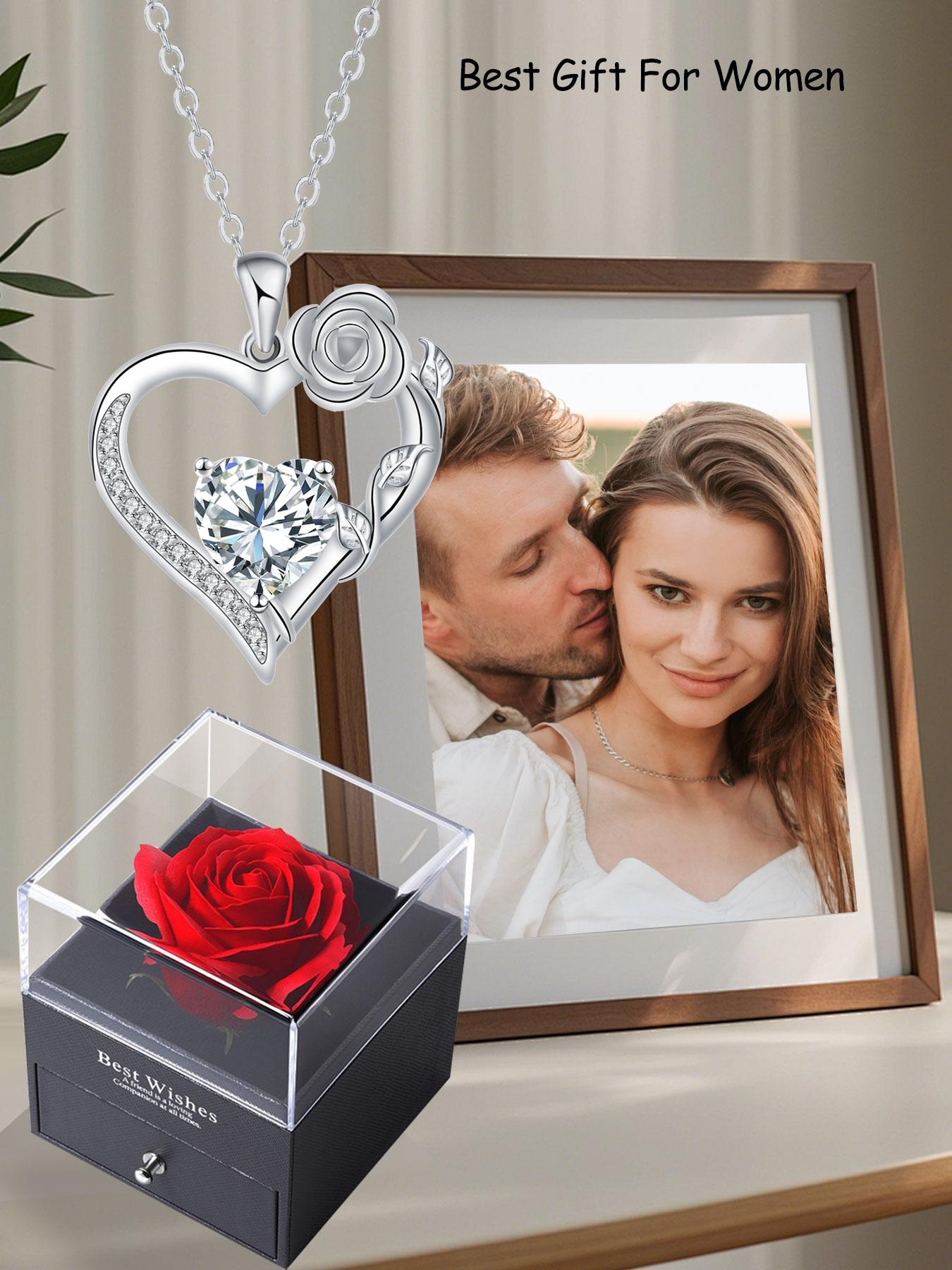 Rose Flower Heart Pendant Necklace With Rose Jewelry Gift Box, Love Heart Necklace, Anniversary Birthday Gifts for Women Mom Wife Her, Mother's Day Jewelry Gift for Mom