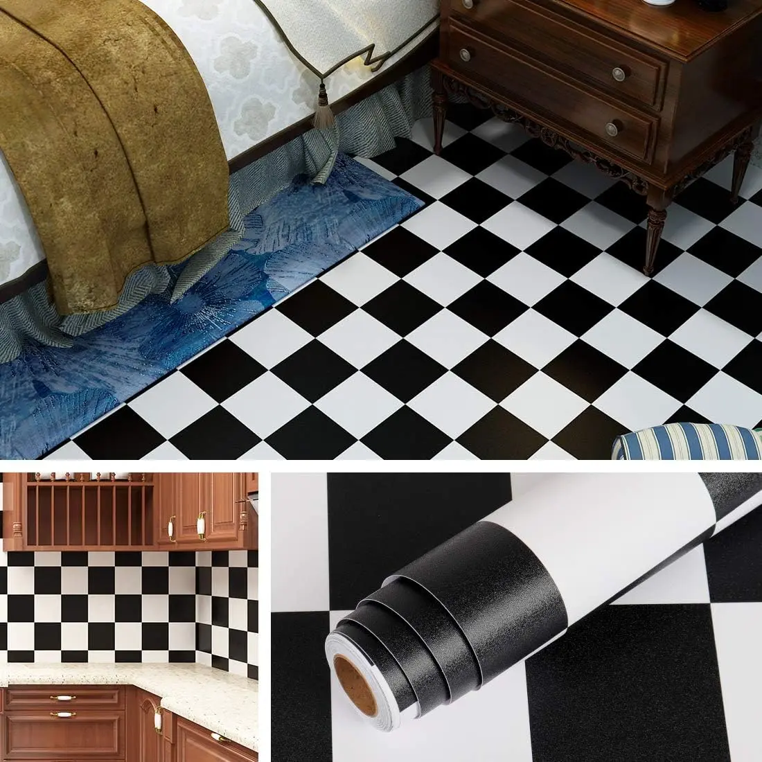 Checkered  Vinyl Flooring Roll 15.8x78.8 in Floor Contact Paper  Peel and Stick Tile Flooring for Kitchen Linoleum Bathroom Wallpaper Self Adhesive Wall Covering