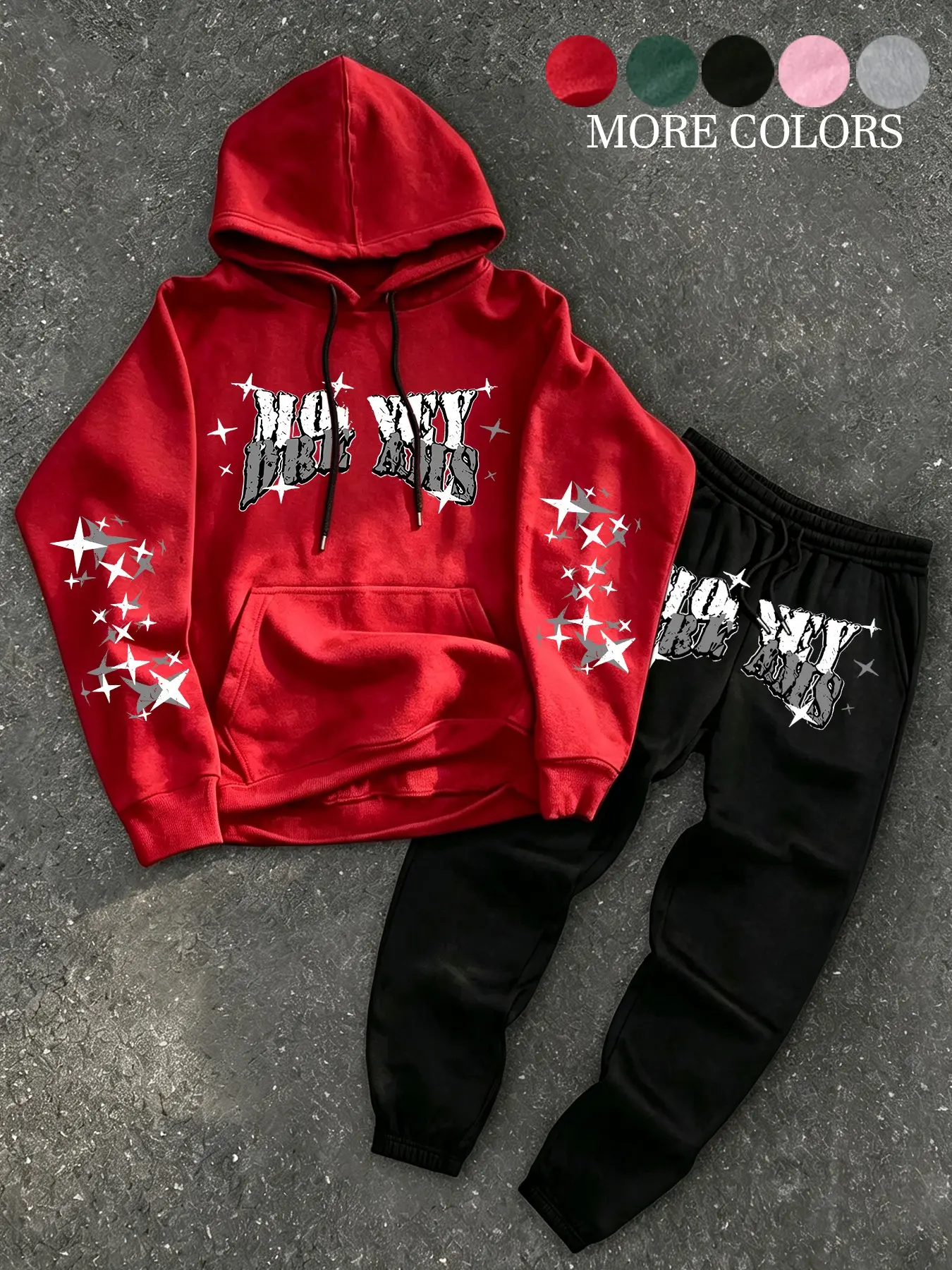Unisex design, street sport style, spring and autumn fashion, simple and minimalist star and letter print long-sleeve hooded sweatshirt set. High-quality set. Simple, stylish, trendy, energetic, fashionable, versatile, suitable for campus life, unique, co