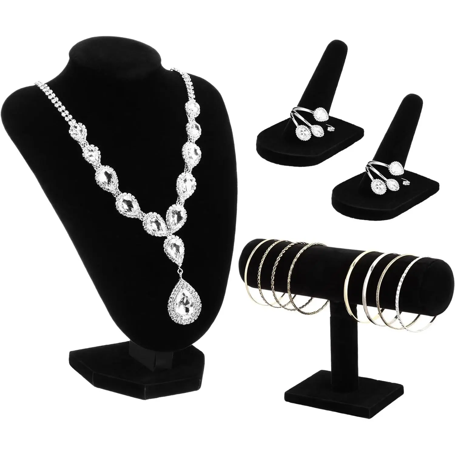 4 Pcs Velvet Jewelry Display Set Velvet Necklace Bust Holder Bracelet Organizer 2 Ring Finger Jewelry Holder