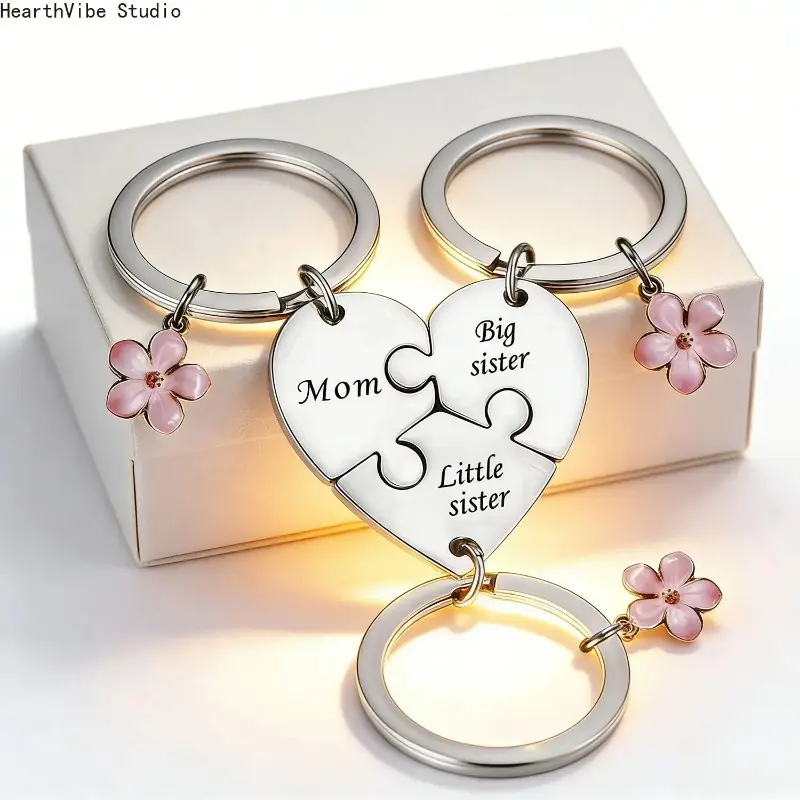 Casual Puzzle Piece Keychain Set for Mom and Sisters, Engraved Matching Keyrings for Christmas, Anniversary, or Birthday Gift
