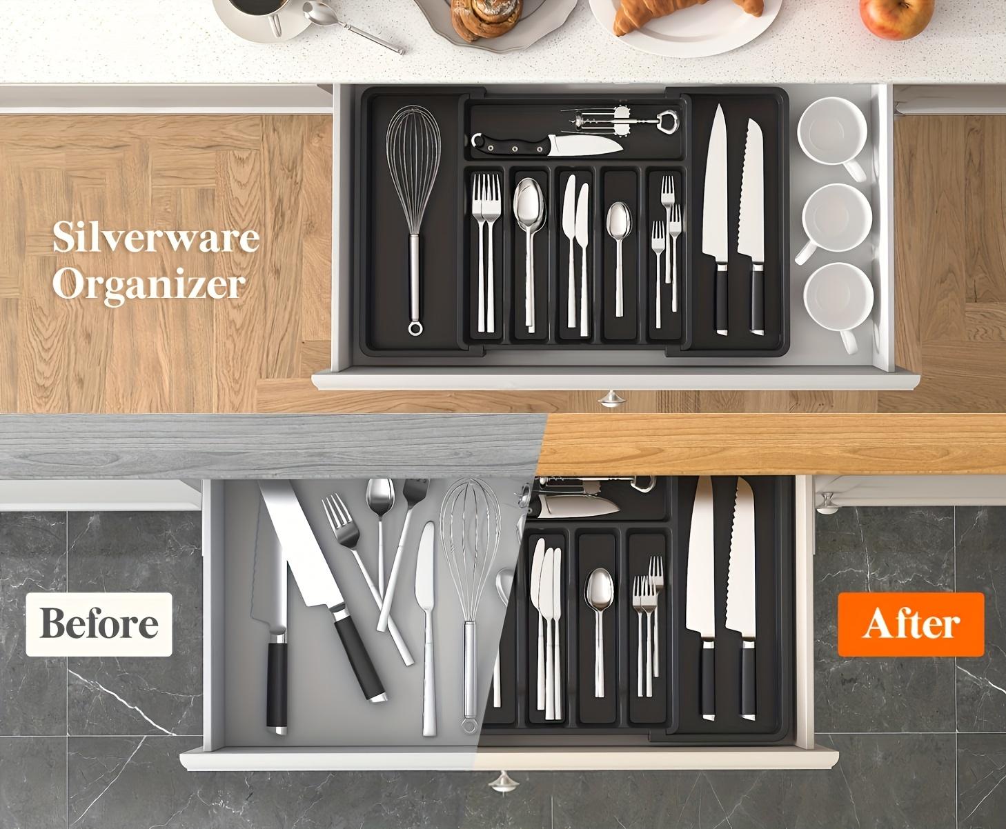 Set of 1/3pcs Silverware Drawer Organizer, Divided Compartments, Expandable Utensil Tray for Kitchen, BPA Free Flatware and Cutlery Holder, Adjustable Plastic Storage for Spoons Forks Knives