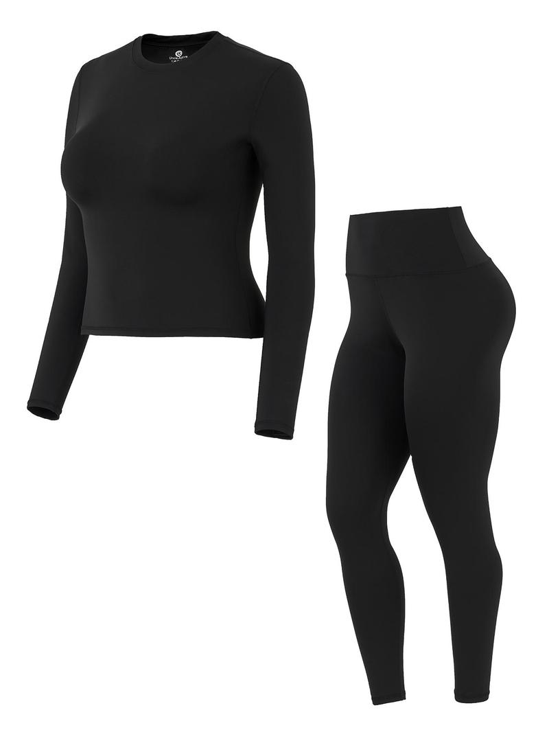 Women's High-Waisted 25'' Inseam Sporty Leggings Set, Long Sleeve Top & Yoga Pants, Elastic Fabric Comfortable Workout Set, Ideal for Gym & Daily Wear, High Stretch Sporty