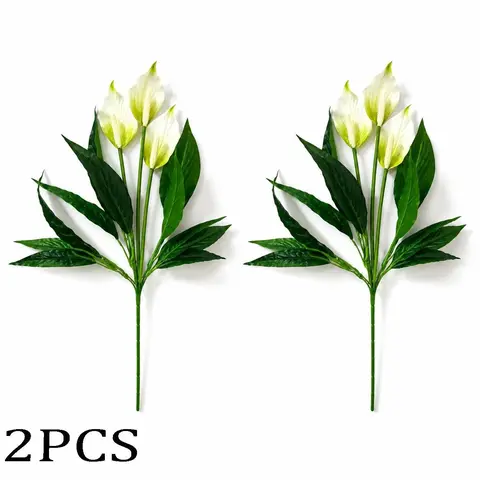 2 Large Realistic Artificial Plants for Home and Wedding Decor, Faux Flower Decorations, Low-Maintenance Plastic Fake Flowers with White Blooms and Green Foliage, Outdoor Decoration, Father's Day Centerpieces, Year-Round Use for Home or Hotel