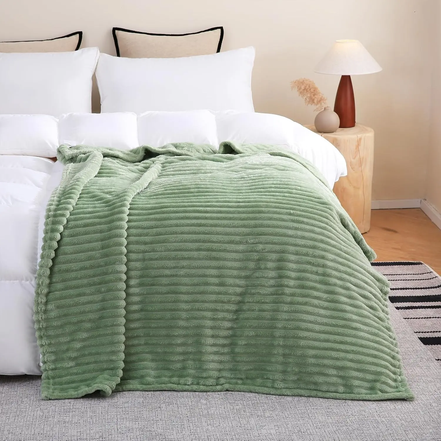 Sage Green Fleece Throw Blanket 50”×70” for Couch Sofa Bed,Super Soft Cozy Plush Microfiber Flannel Blanket with Stripes Design Lightweight for Adults,Woman