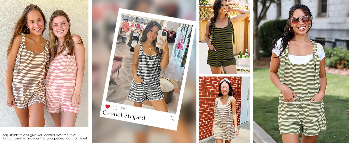 Yousify Women's Striped Sleeveless Romper Loose Fit Tied Shorts Jumpsuit with Pockets for Summer & Fall Casual Wear Scoop Neck Adjustable Drawstring Wide Legs