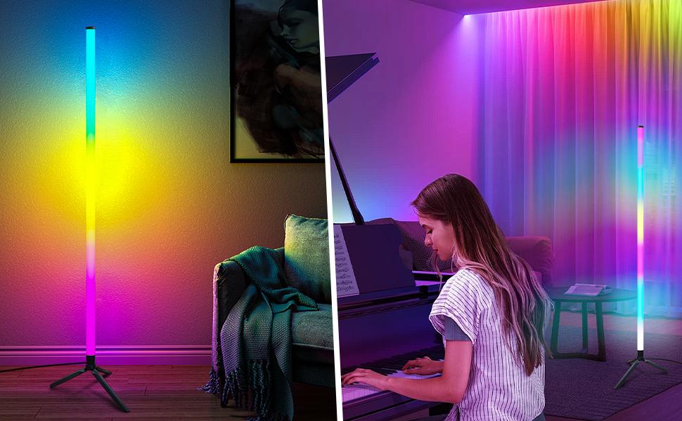 Corner floor lamp, intelligent RGB LED corner lamp with application and remote control, 16 million color modern floor lamp, music synchronization, scene mode, living room, bedroom color changing standing lamp, Halloween, Christmas, birthdays, great gifts
