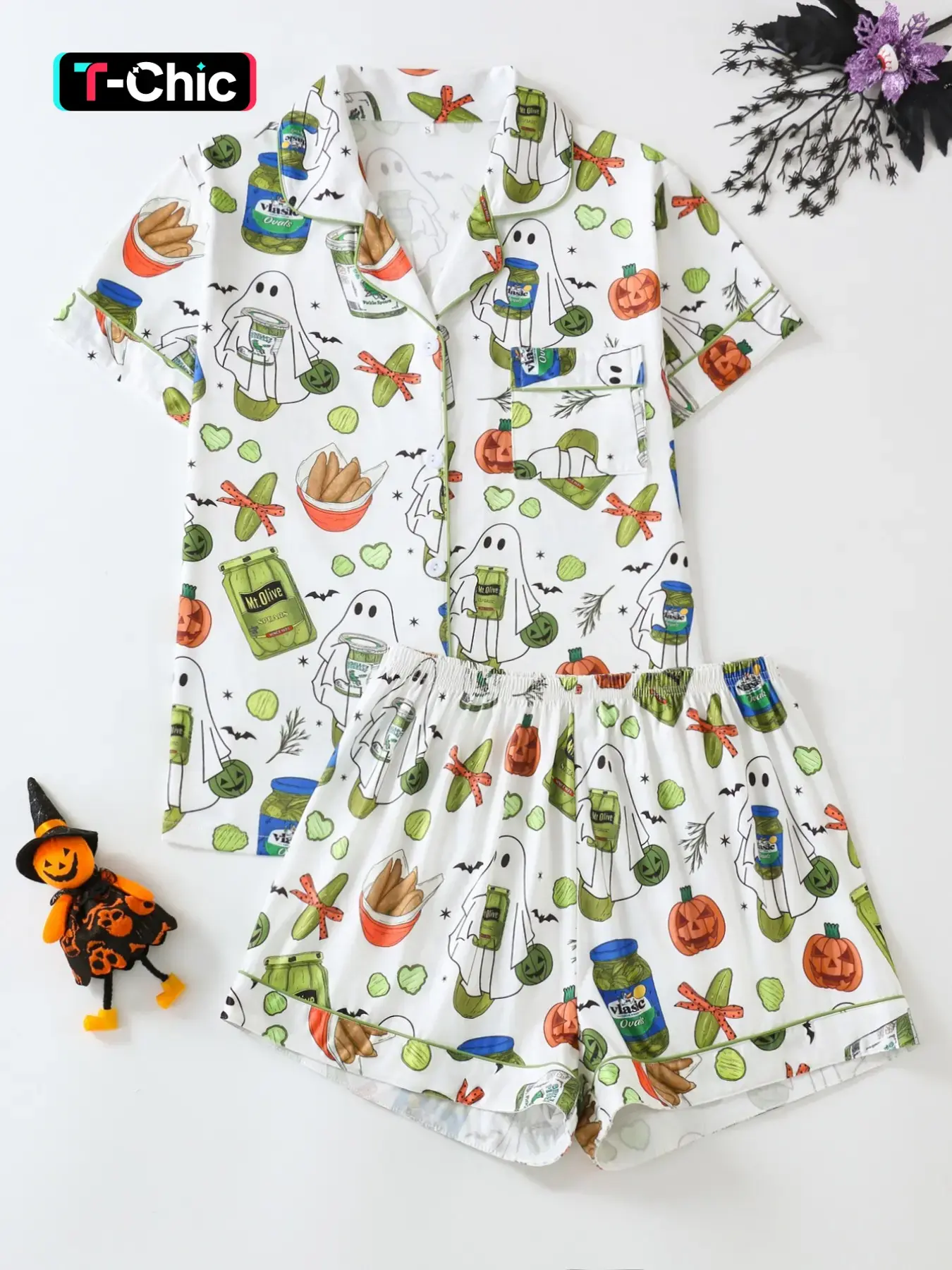 Women's Halloween Pyjama Set, Fun Print Pumpkin Nurse Ghost Full Print, Fitted Short Sleeve Top + Loose Comfortable Shorts, Casual Sleepwear, Halloween Loungewear