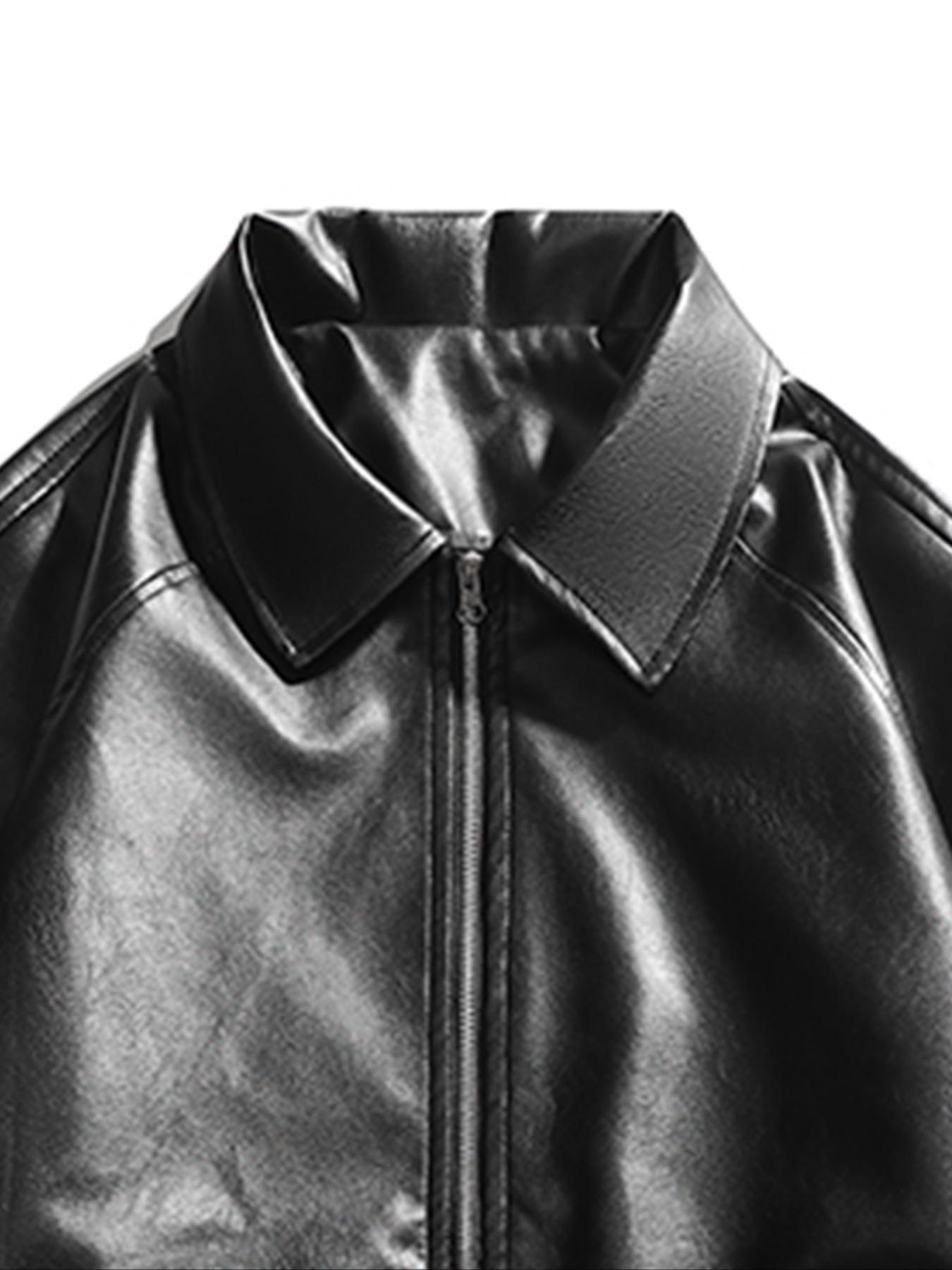 Men's Solid Color Pocket PU Leather Collared Jacket Coats, Regular Fit Casual Long Sleeve Zip Up Outerwear for Daily Wear, Men's Clothing for All Seasons