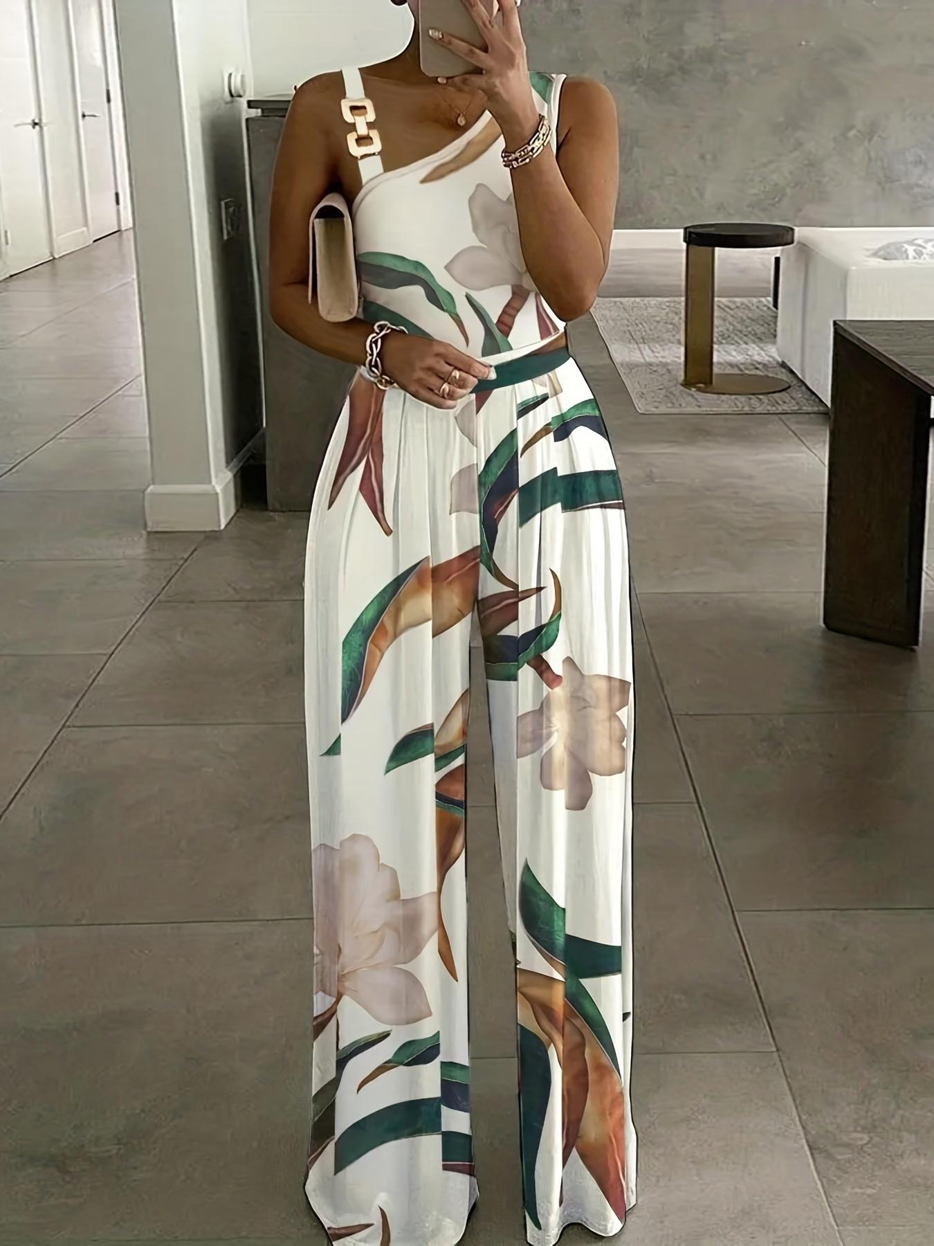Women's Floral Print Ring-Linked Asymmetrical Neck Jumpsuit, Boho Casual High Waist Wide Leg Jumpsuit for Summer, Womenswear