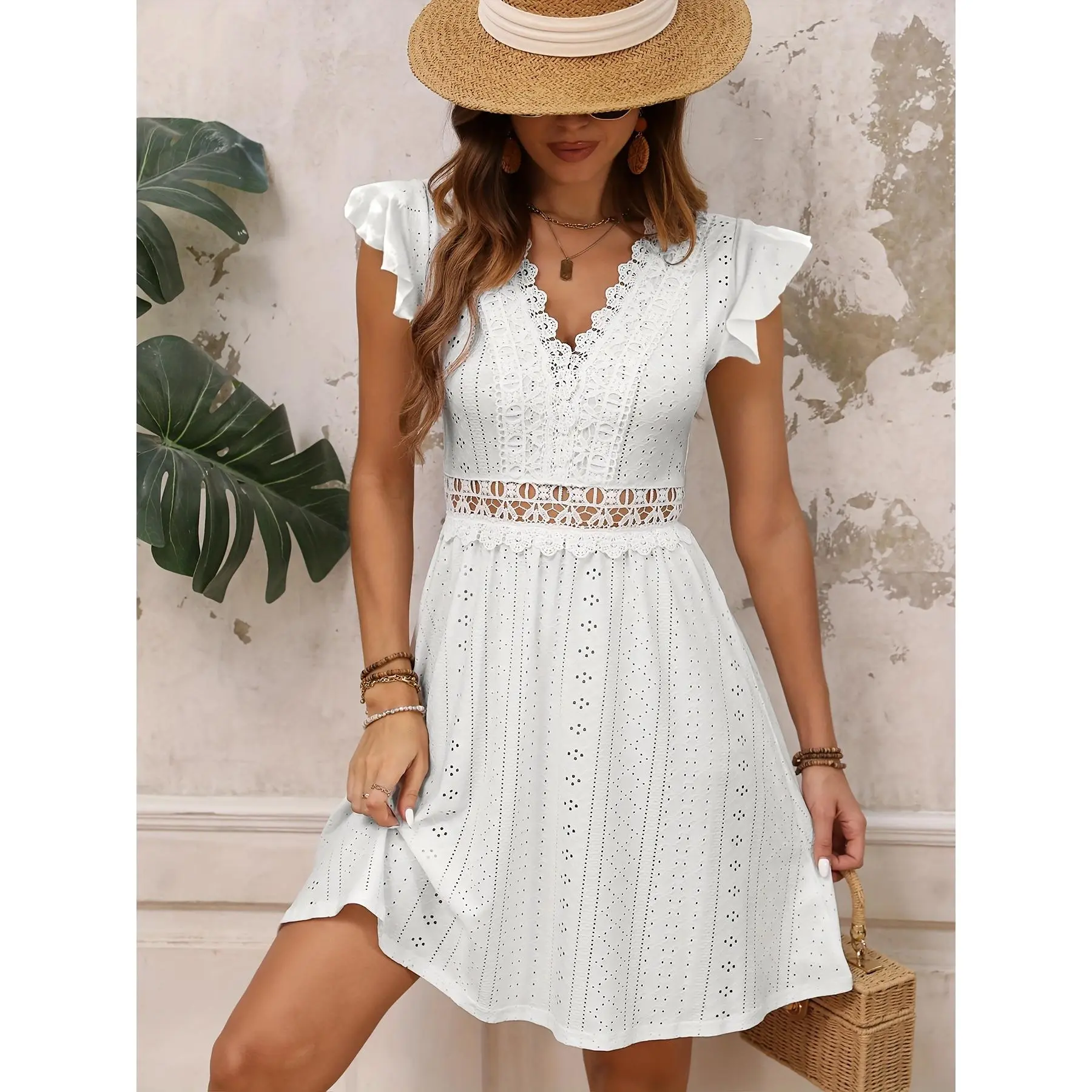 Summer New Solid Lace Patchwork Butterfly Sleeve A-Line Dress